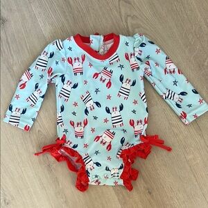 Caden Lane Crab Long Sleeve Rash Guard with Ruffle Bottom Swimsuit Girls 6-12m